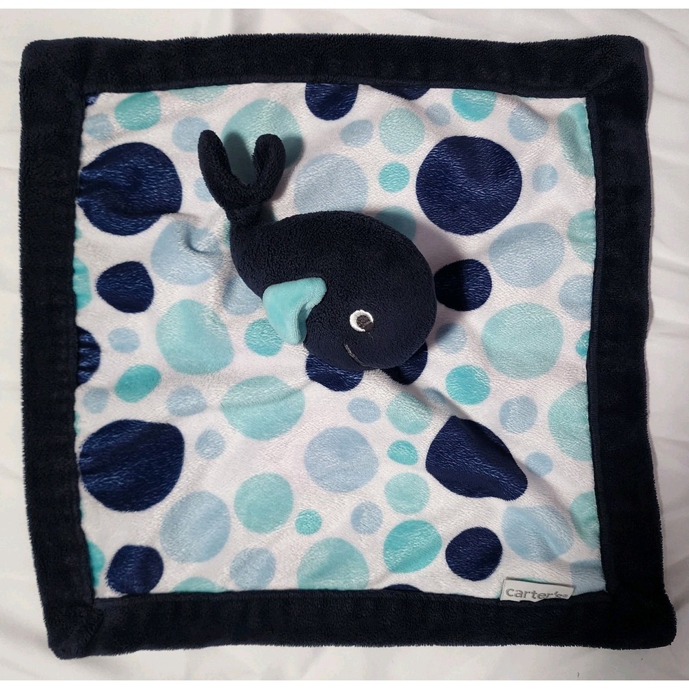 Carters Whale‎ Security Blanket Baby Lovey Navy Blue Aqua Polka Dots